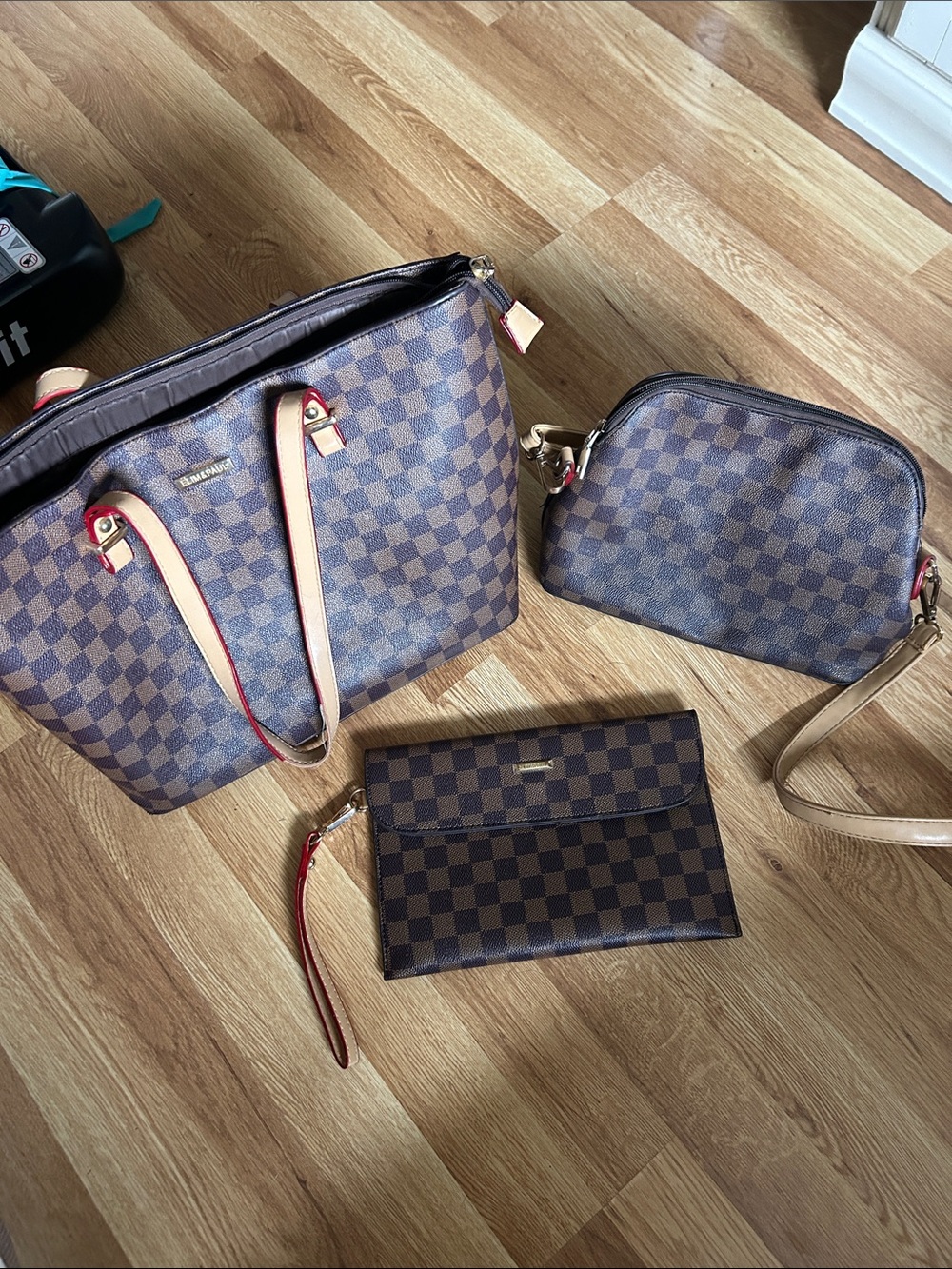 Designer-Style Brown Checkered Tote, Crossbody and Wristlet Set